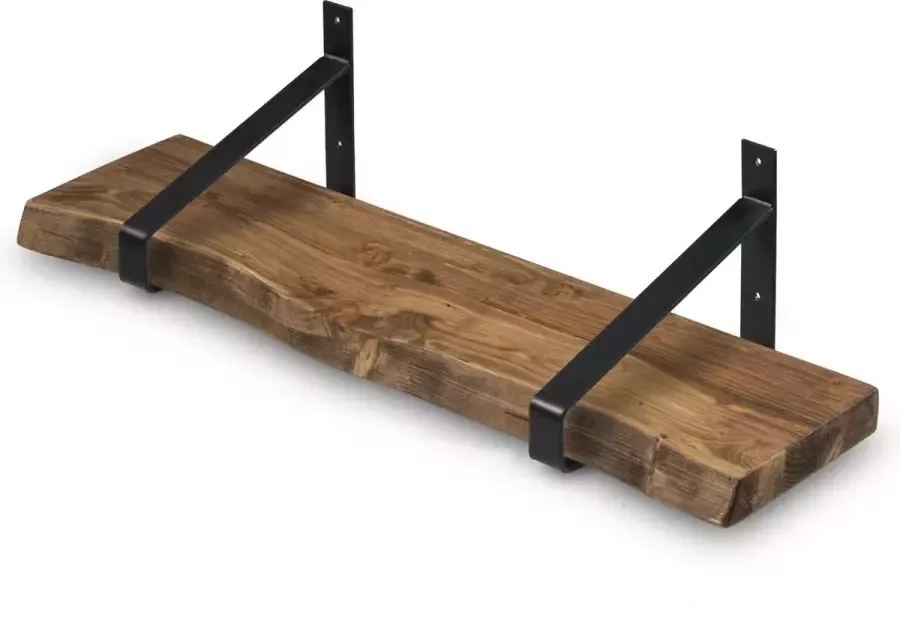 Robustiek Wonen Wandplank Hout 100x20 cm incl. Zwarte Stalen Plankdragers Boomstam Muurplank – Boekenplank
