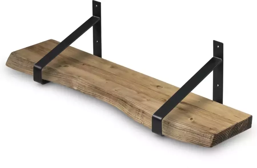 Robustiek Wonen Wandplank Hout 100x20 cm Licht Bruin incl. Zwarte Stalen Plankdragers Boomstam Plank – Boekenplank Muurplank Wandrek