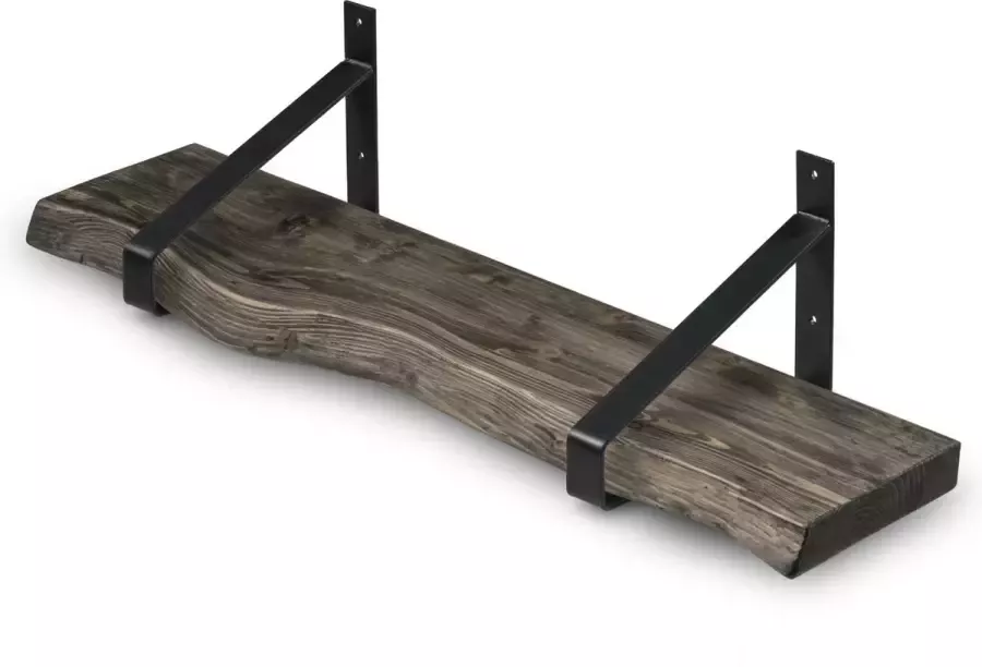 Robustiek Wonen Wandplank 100x20 cm Smoke incl. Zwarte Stalen Plankdragers Boomstam Plank – Boekenplank