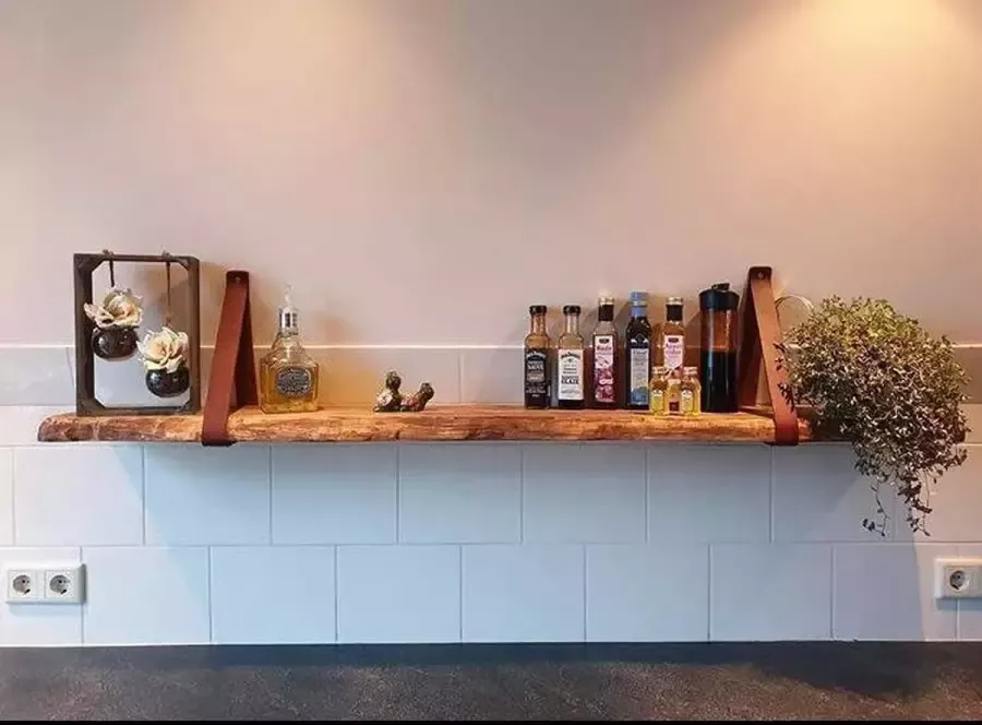 Robustiek Wonen Wandplank Hout 60 x 20-25 cm Boomstam Muurplank- Leren bandjes Bruine Leren Riemen - Foto 2