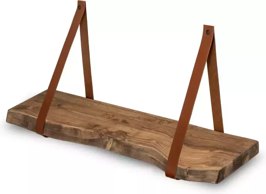 Robustiek Wonen Wandplank Hout 60 x 20-25 cm Boomstam Muurplank- Leren bandjes Bruine Leren Riemen