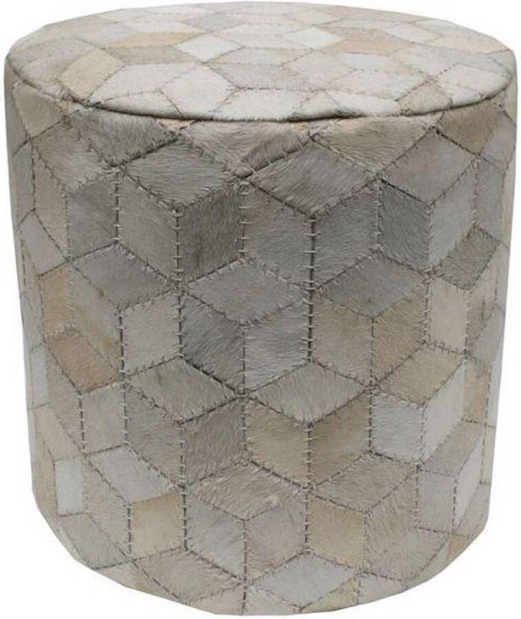 Rocaflor poef rond huid geometrisch patroon ivoorwit leer huid 40x40x40cm rond wit 40x40x40