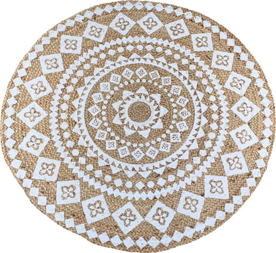 Rocaflor -Vloerkleed-jute-rond-bruin-wit-print-mandala- ø120cm