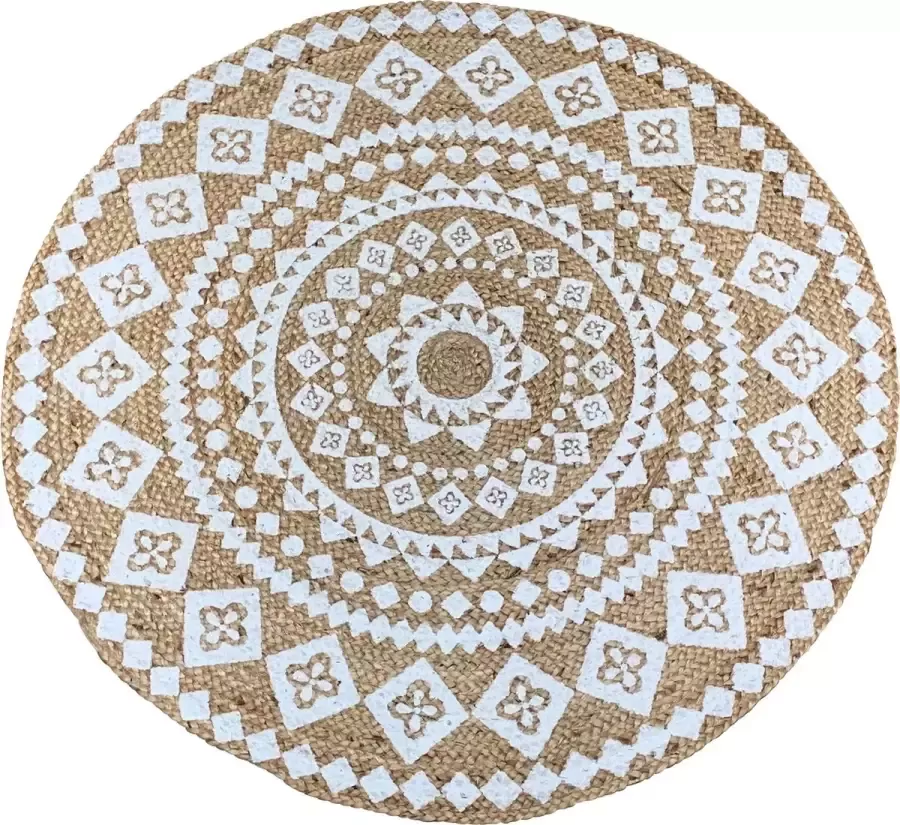 Rocaflor -Vloerkleed-rond-jute-bruin-wit-print-mandala- ø150cm