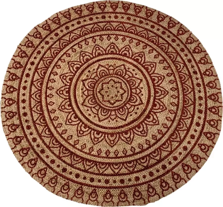 Rocaflor -Vloerkleed-Rond- Jute-Print-Bordeaux-Henna-Oosters-Mandala-rond-150cm