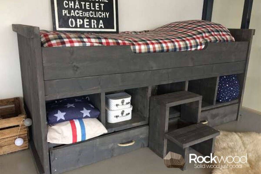Rockwood Kajuitbed Steigerhout Tijn met lattenbodem en trapjeinclusief blik beits grey wash