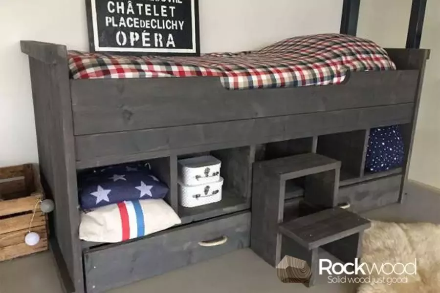 Rockwood Kajuitbed Steigerhout Tijn inclusief montage met lattenbodeminclusief blik beits antraciet wash - Foto 2