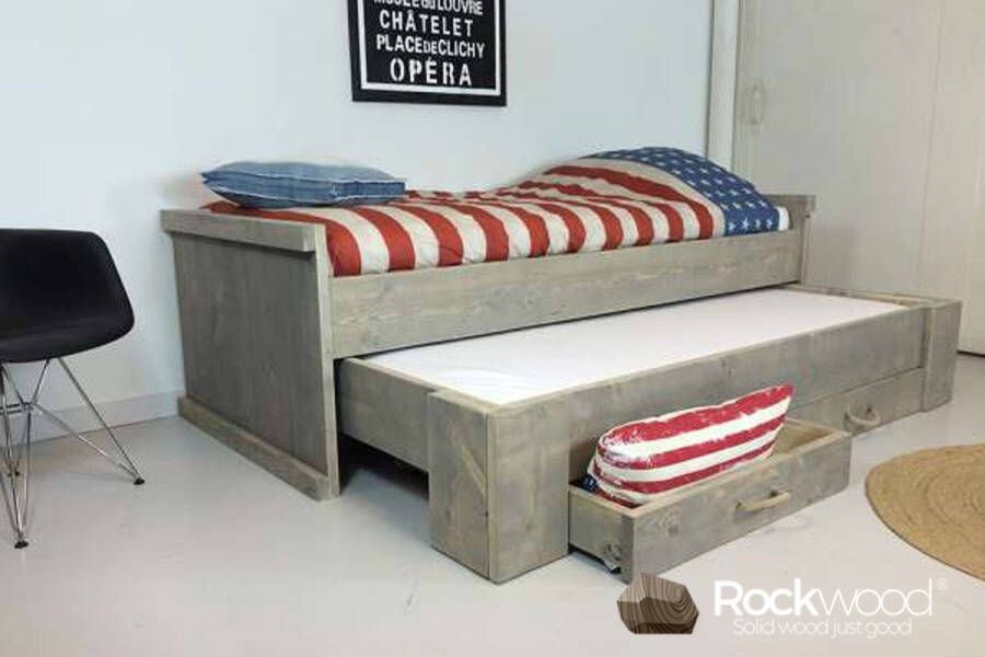 Rockwood Kinderbed Steigerhout Marijn met 2 lattenbodems en matras onderbed Parma antraciet wash