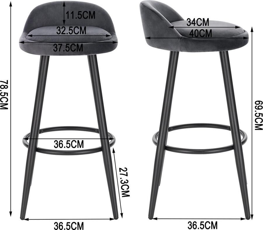 Roggi Barkruk – Barkrukken Set van 2 – Barkruk met Rugleuning – Bar Stool –Zitvlak Fluweel- Barkrukken met Voetensteun – Dark Grey Velvet Zithoogte 69 5 cm