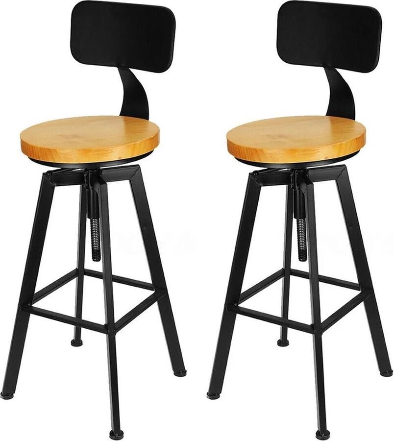 Roggi Barkruk Industrieel – Houten Barkruk – Barkrukken Set van 2 – Barkruk met Rugleuning Stoel 64-84Cm – Bar Stool – Houten Zitvlak Barkrukken met Voetensteun