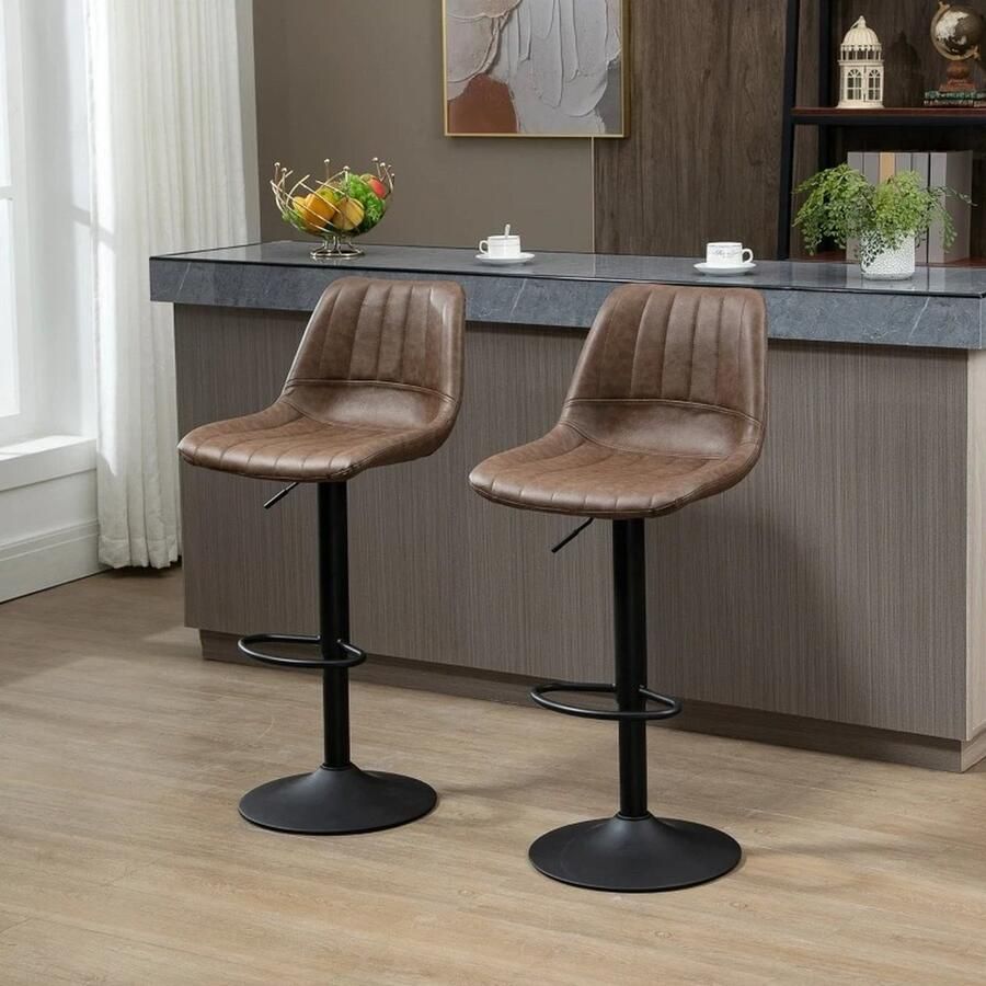Roggi Barkruk Retro– Barkrukken Set van 2 – Barkruk met Rugleuning – Bar Stool –Zitvlak Imitatieleer Barkrukken met Voetensteun – In Hoogte Verstelbaar Maximale Zithoogte 79 cm 43 x 49.5 x 111 cm