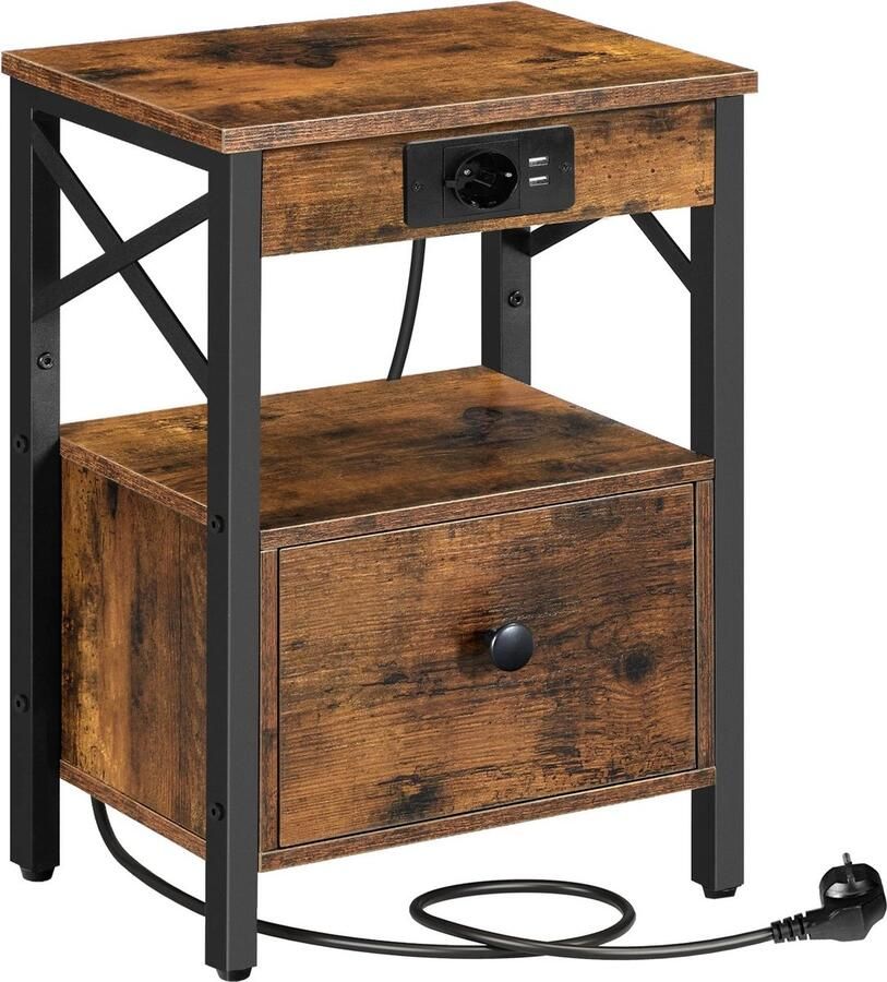 Roggi Bijzettafel met laadstation – Nachtkastje met USB Bedtafel Salontafel met 1 lade en USB-Poort en Stopcontact – Kast – Opbergkast – Ladekast – 28 x 38 x 54.5 cm