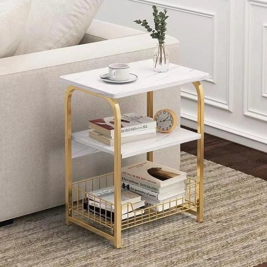 Roggi Bijzettafel Nachtkastje Met Opbergrek Opbergmand – Dressoir – Zijtafel – Sidetable Slaapkamer – Tafel Nachtkastje – Kast Modern Design Wit en Goud – 40 x 30 x 62 cm