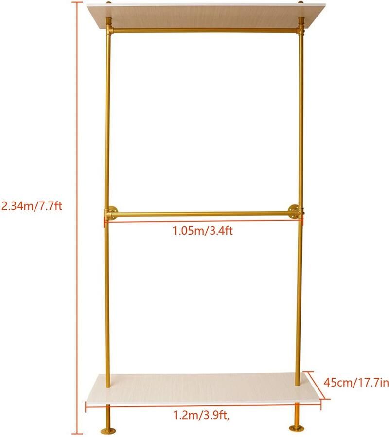 Roggi Kledingrek Modern- Kledingrek Goud – Kledingrek Metaal- Kleding Rek – Wandmontage Industrieel Kledingrek Wandrek Met Planken