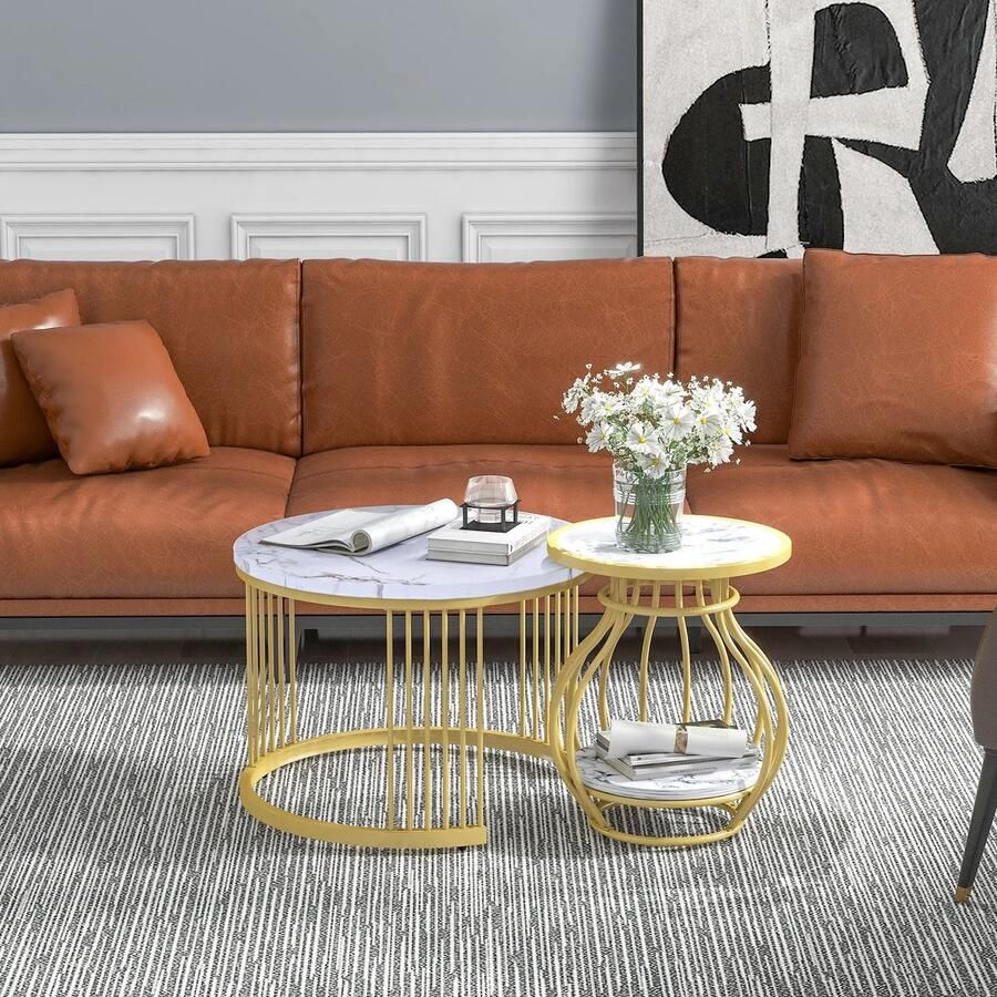 Roggi Salontafel Bijzettafel – Salontafels Rond Set van 2 Luxe design Sofa Tafel Woonkamer Tafel – Nesting Table – Koffietafel – Gouden Frame – Hoogglans Marmeren Patroon 70 x 70 x 45 5 cm + 45 x 45 x 53 5 cm