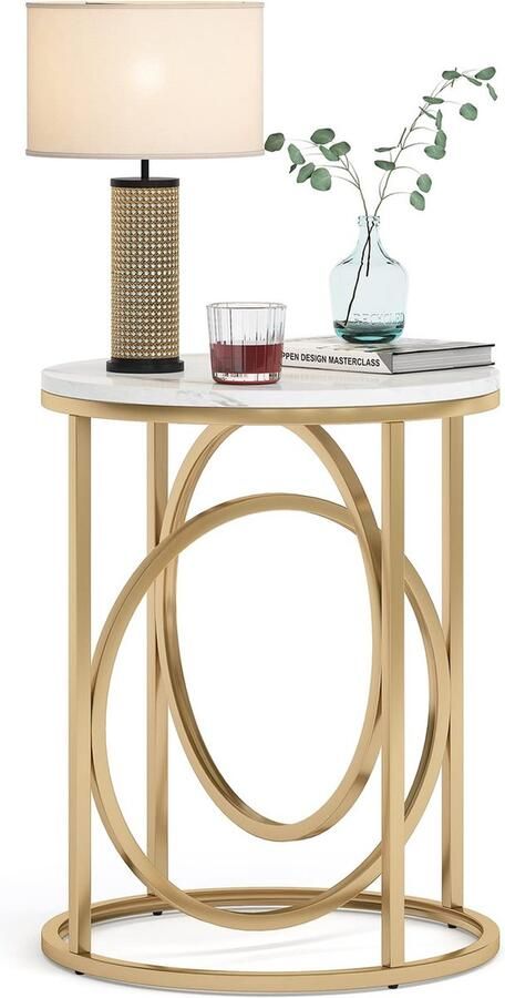 Roggi Salontafel Rond- Bijzettafel – Diameter 50cm Wit Marmer -Onderstel Goud