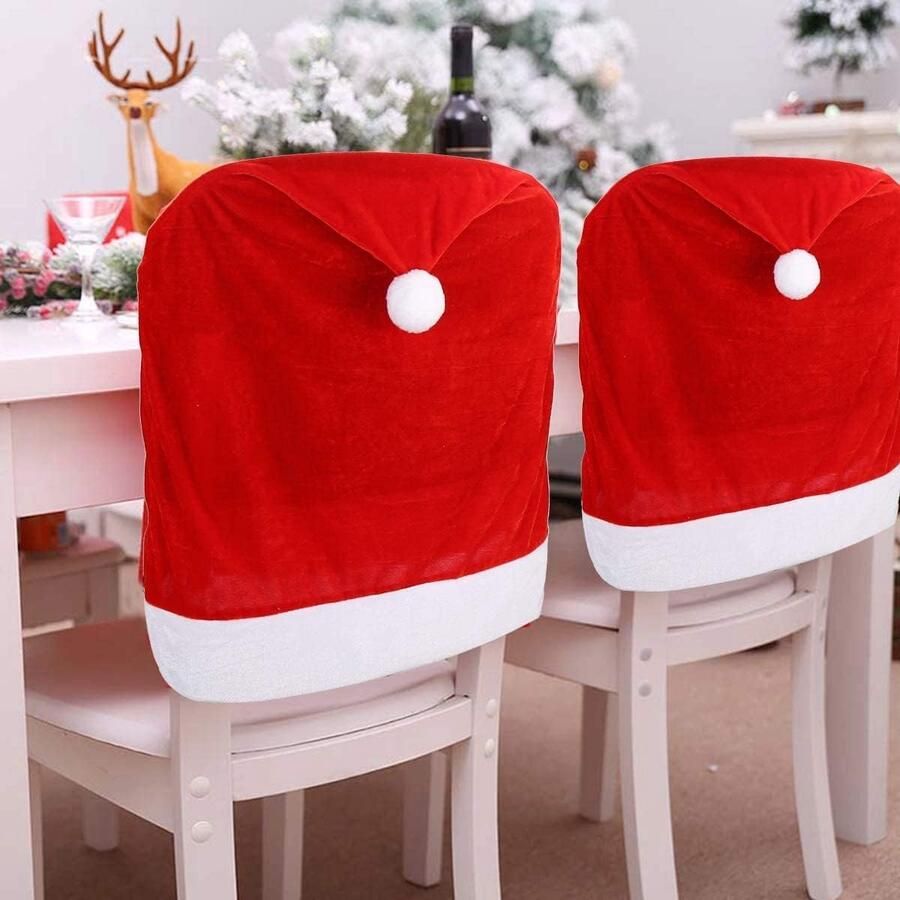 Rood 4 stuks Red Hat eetkamerstoelhoezen kerststoelrughoezen keukenstoelhoezen voor kerstvakantie en festivaldecoratie
