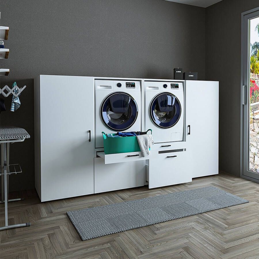 Roomart Store Nederland B.V. Roomartstore MultiWash 4 Wasmachine & Wasdroger kast Met Uittrekbare Wasmand Planken Extra Opbergruimte Minimaliseert Trillingen - Foto 1