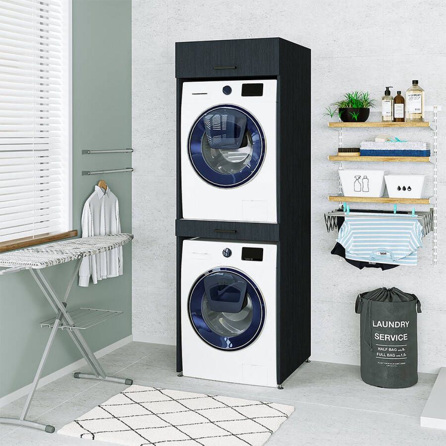 Roomart Store Nederland B.V. SmartStack Duo Plus Wasmachinekast & Wasdrogerkast Met Uittrekbare Wasmand Planken Extra Opbergruimte Minimaliseert Trillingen