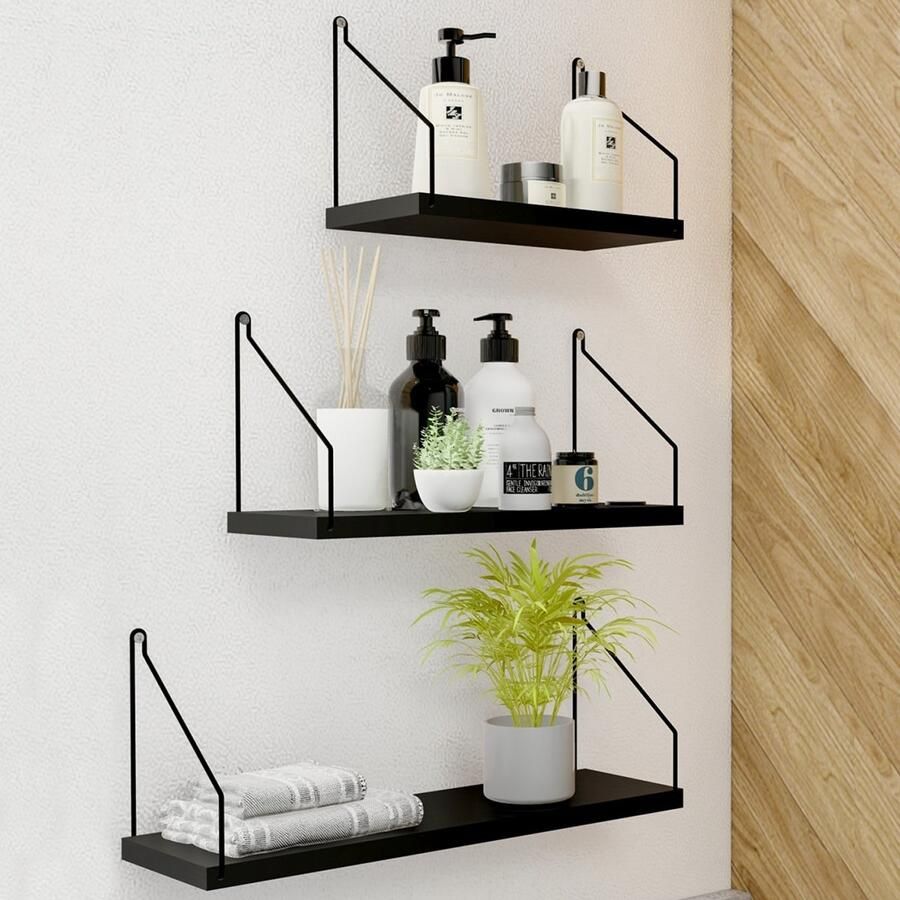 Roomie Home Houten Wandplank Wandrek Keuken Plank Zwart Set van 3 Klein Medium Groot