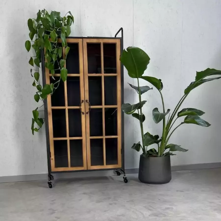 Rootsmann Opbergkast met deuren Zwart Met Hout Stellingkast Vitrinekast