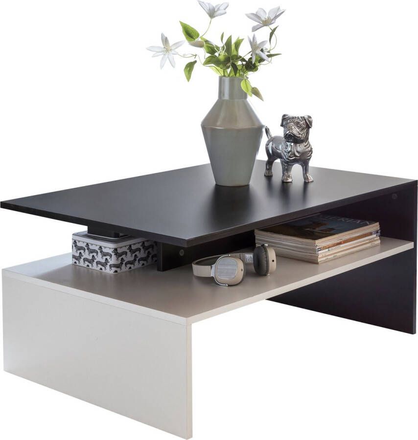 Rootz Living Rootz 90 x 43 x 60 cm met plank hout zwart wit Design woonkamer salontafel 2-delig met opbergruimte Salontafel moderne salontafel Loungetafel groot & hoog