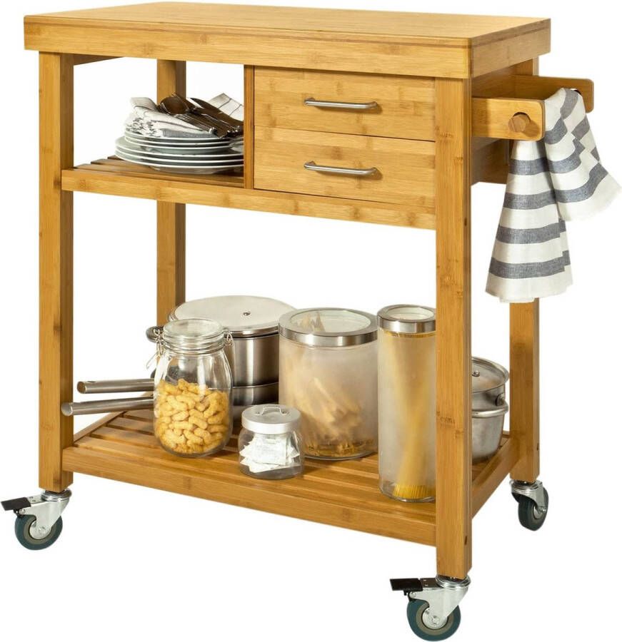 Rootz Living Rootz Bamboo Kitchen Trolley Cart Opbergwagen Serveerwagen Trolley met 2 Laden en Planken