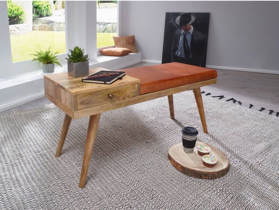 Rootz Living Rootz Bank Gangbank Lade Massief Hout Mangohout Geitenleer Bruin 100 x 38 x 52 cm