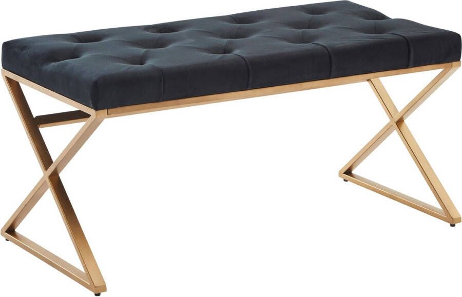 Rootz Living Rootz Bench Gestoffeerde gangbank met metalen frame Chesterfield Design bedbank voor slaapkamer Moderne gang garderobebank Fluwelen bank Zwart 90x46x44 cm