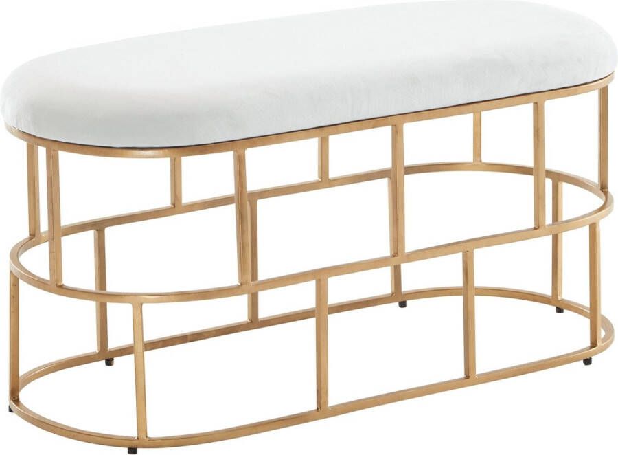 Rootz Living Rootz Bench Gestoffeerde gangbank met metalen frame Design bedbank voor slaapkamer Moderne gang garderobebank Fluwelen bank wit-goud 90x46x38 cm