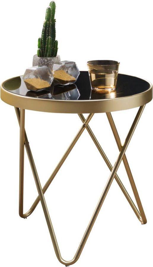 Rootz Living Rootz Bijzettafel Design Glas Rond Zwart-Mat Goud Metalen Frame Kleine Salontafel