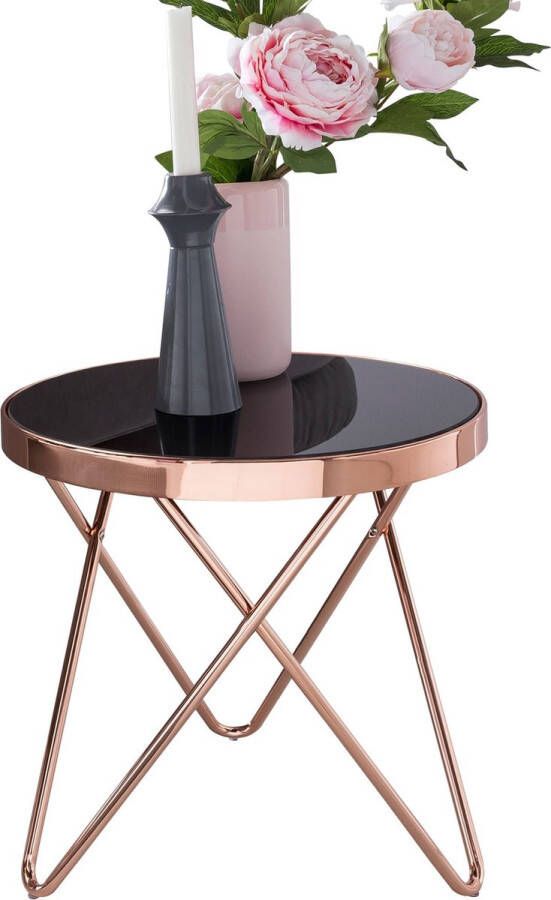 Rootz Living Rootz Bijzettafel Ontwerp van metaal en glas Moderne salontafel met spiegel in de woonkamer Ronde glazige banktafel Zwart koper 42 cm