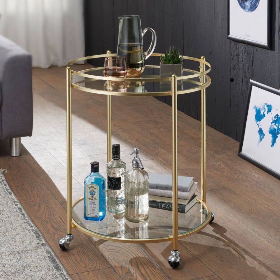 Rootz Living Rootz Bijzettafel op wielen Keukenwagen Serveerwagen Theewagen Ø 57 cm Goud Glas