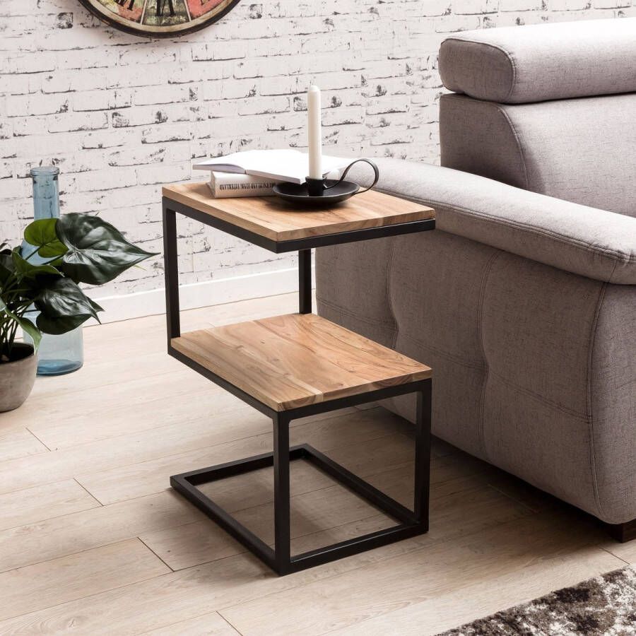 Rootz Living Rootz bijzettafel S-vorm massief hout acacia metaal 45 x 60 x 30 cm Design Woonkamertafel Landelijke stijl Anstellisch opbergtafel vierkant