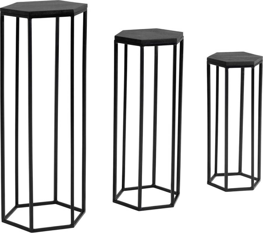 Rootz Living Rootz bijzettafel set van 3 mango massief hout metalen nesttafel zeshoekig Woonkamertafel Aanbouwtafel Industrieel Zwart 3-delige salontafel woonkamer Houten tafel bloemenkruk