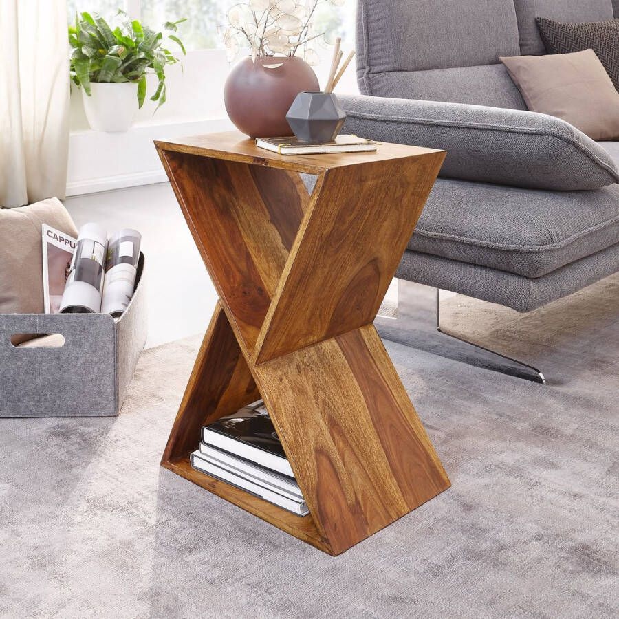 Rootz Living Rootz Bijzettafel Woonkamertafel met Planken Kleine salontafel van echt hout X-vorm Sheesham massief hout 43x60x30 cm