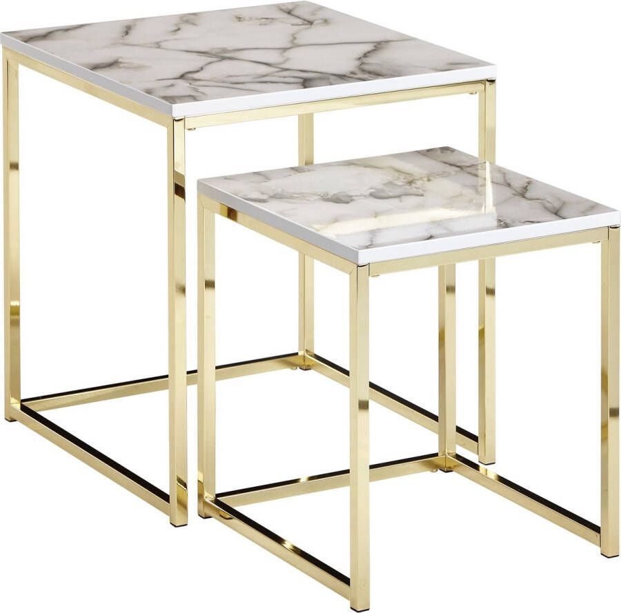 Rootz Living Rootz Bijzettafels Set van 2 Wit Marmeren Optiek Hoekig Salontafel met goudkleurig metalen frame Moderne vierkante bijzettafels