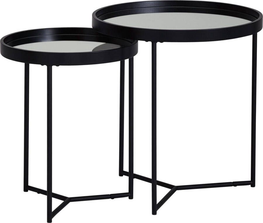 Rootz Living Rootz Bijzettafelset 2 Stuks Zwart met Spiegelglas Blad Woonkamer Nesttafels Gespiegelde Salontafel Paar Rond 50-36cm