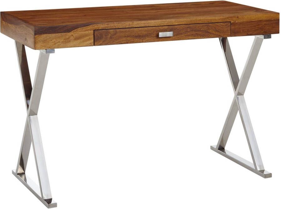 Rootz Living Rootz Bureau Chroom Metaal Design Kantoortafel met Lade Thuiskantoor Laptoptafel met Opbergruimte Massief Sheesham Hout 120x55x78 cm