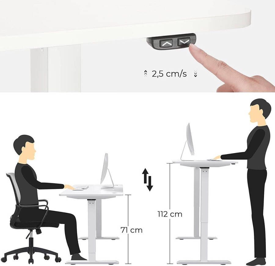 Rootz Living Rootz Bureau In Hoogte Verstelbaar Zit-Sta Bureau Automatisch Kabelmanagement Bureautafel Zwart Wit MDF Staal 140 x 70 x (73-114)