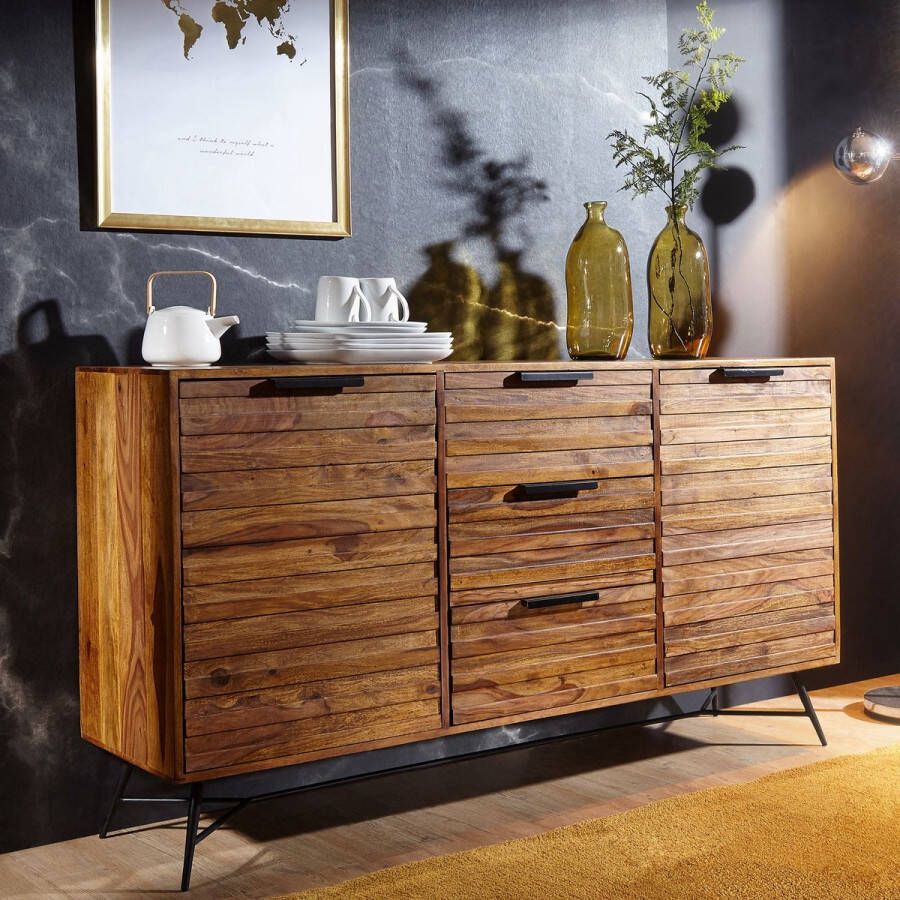 Rootz Living Rootz Design Dressoir 160x40x88 cm Sheesham Massief Hout Dressoir met Deuren & Laden Massief Dressoir Industrieel Massief houten kast met metalen poten