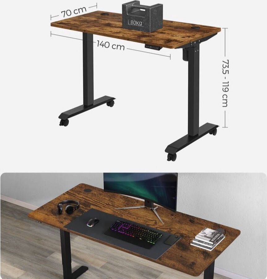 Rootz Living Rootz Desk Elektrisch In Hoogte Verstelbaar Bureau Met Geheugenfunctie Elektrische Tafel Dubbele Motor Spaanplaat Staal Vintage Bruin-zwart 70 x 140 x (73 5-119) cm (D x B x H)