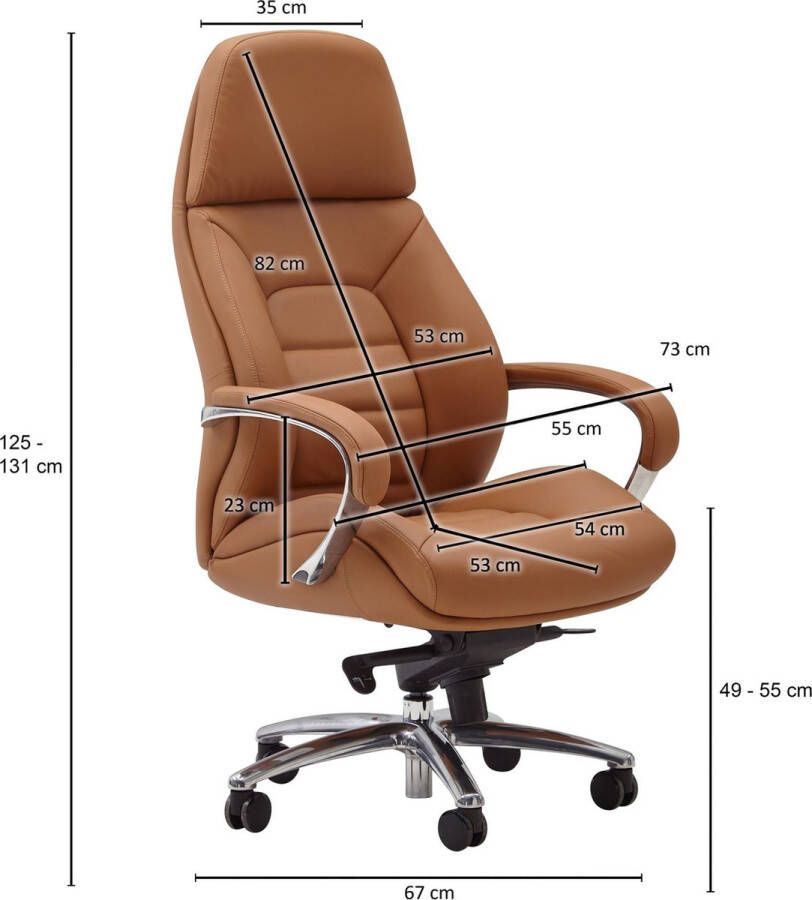 Rootz Living Rootz design bureaustoel hoes echt leer caramel bureaustoel tot 120 kg XXL design directiestoel in hoogte verstelbaar Ergonomische draaistoel met armleuningen & hoge rugleuning schommelfunctie