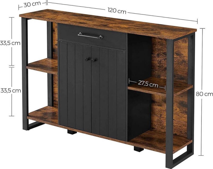 Rootz Living Rootz Dressoir Keukenkast Opbergkast Opbergvakken Bruin Zwart Metaal Bewerkt Hout Industrieel 120 x 30 x 80 cm