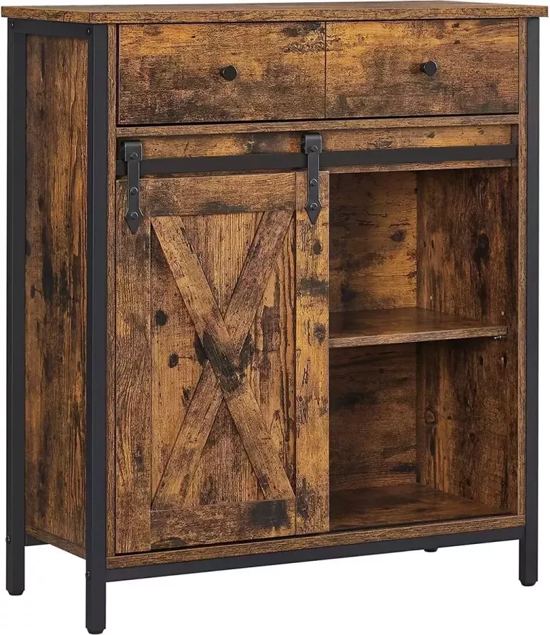 Rootz Living Rootz Dressoir Ladekast Opbergkast Schuifdeur Industrieel Bruin Zwart Bewerkt Hout Metaal 70 x 30 x 80 cm