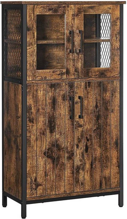 Rootz Living Rootz Dressoir Met Glazen Deuren Buffetkast Eetkamer Dressoir Opbergdressoir Modern Dressoir Industrieel Dressoir Glazen Front Dressoir Spaanplaat Staal Glas Vintage Bruin-zwart 60 x 30 x 108 cm (L x B x H)
