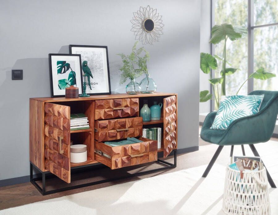 Rootz Living Rootz Dressoir Metalen Dressoir met Twee Deuren Industriële Ladekast Woonkamer Staande Kast Massief Sheesham Hout 145x81x45 cm