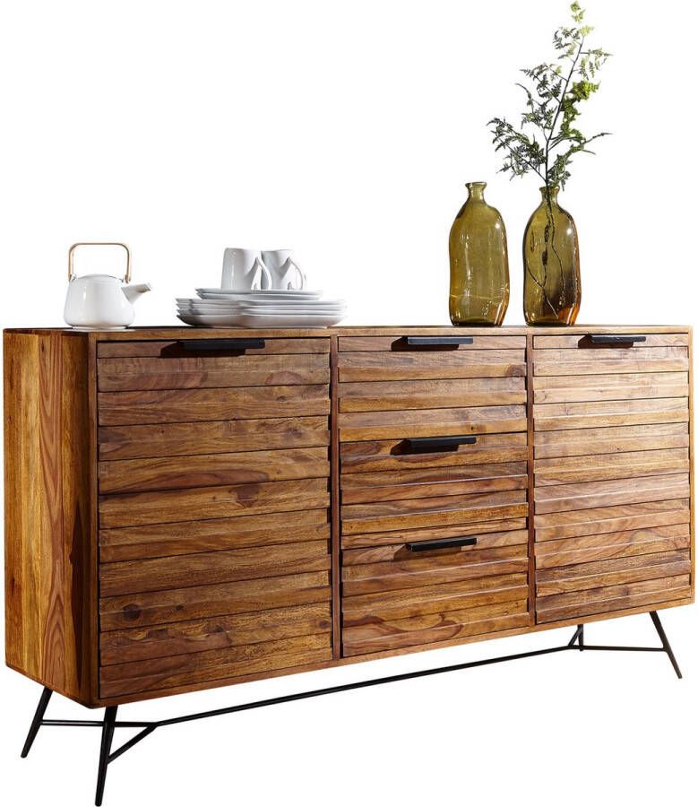 Rootz Living Rootz Design Dressoir 160x40x88 cm Sheesham Massief Hout Dressoir met Deuren & Laden Massief Dressoir Industrieel Massief houten kast met metalen poten