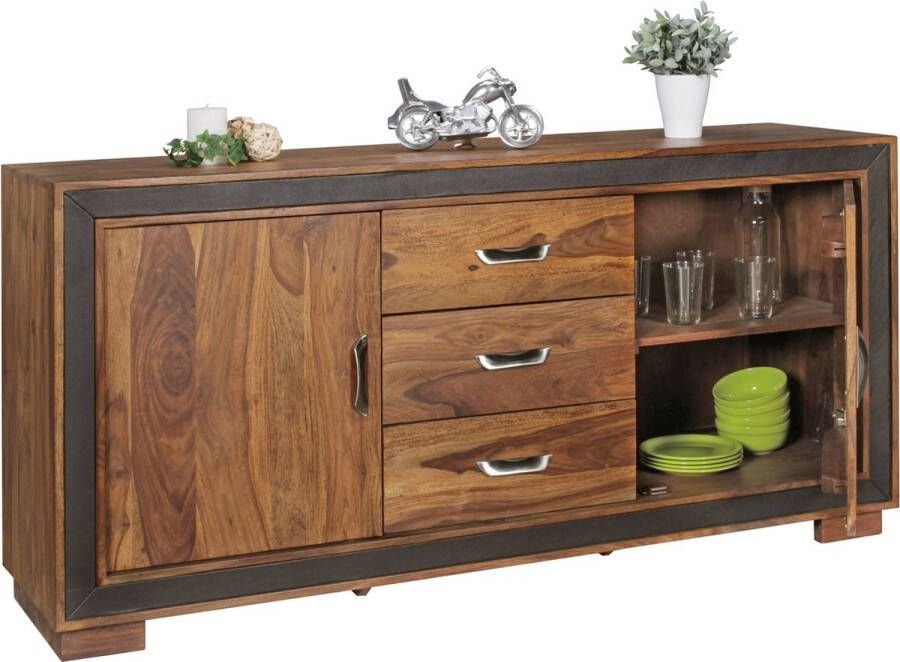 Rootz Living Rootz Dressoir Sheesham Massief Hout Rustieke Landelijke Stijl Ladekast met Laden en Deurtjes Imitatieleer 160x44x80cm