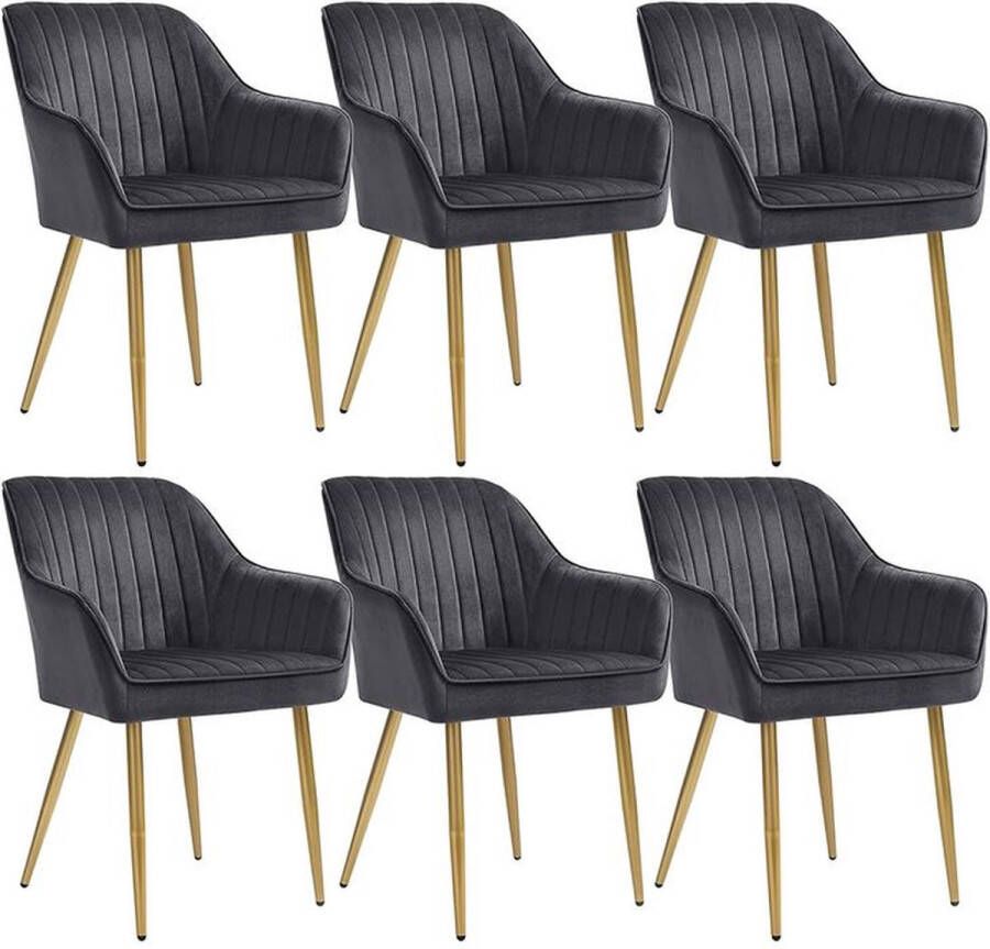 Rootz Living Rootz Eetkamerstoel Stoel Set Van 6 Eetkamerstoel Stoelen Voor Eetkamer Metalen Poten Houten Blad Fluwelen Schuimvulling Grijs-Goud 62.5 x 60 x 85 cm